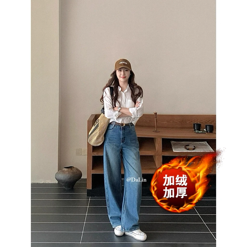 【现货加绒/加厚】✈️运费险·韩版复古蓝牛仔裤高腰窄版直筒女秋冬
