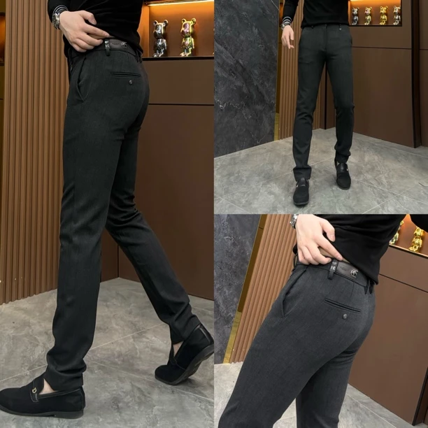 修身中弹休闲裤中腰保暖男士商务弹力厚款修身长裤抗皱免烫25240
