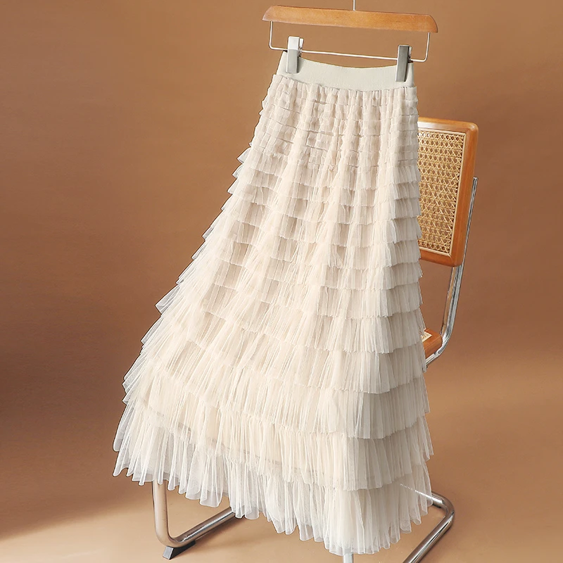 高端赫本气质网纱蛋糕裙女春秋装新款超仙a字长裙显瘦层层半身裙