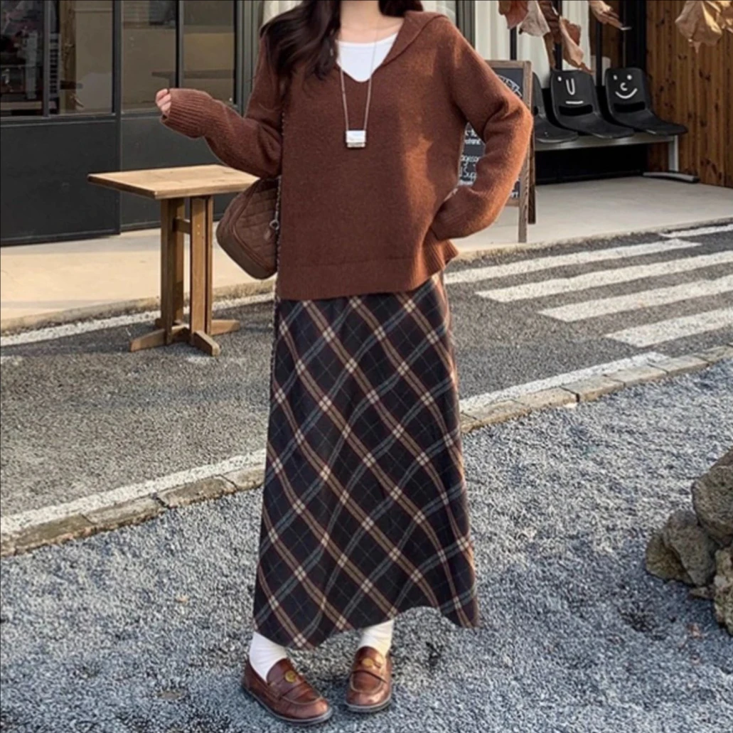 【岩心】大码女装300斤胖MM简约打底衫慵懒风复古毛衣两件套972