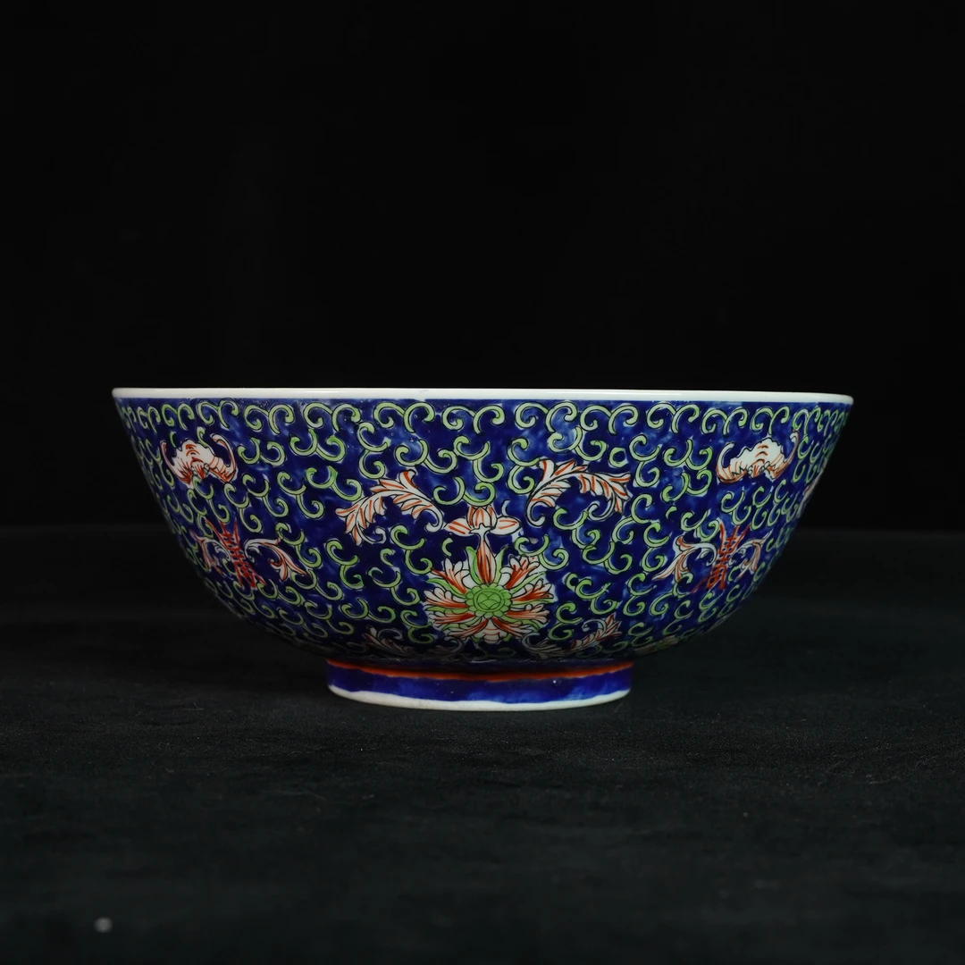 LABC250317014【十竹斋】晚清民国蓝底福寿花卉纹赏碗