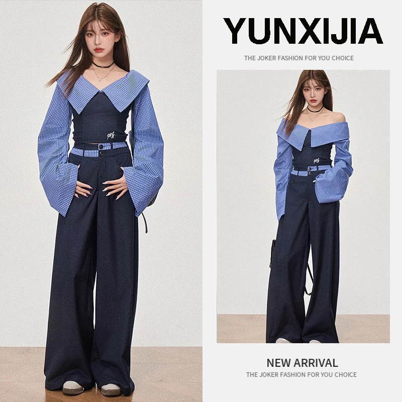 2025春季新款韩版学院风气质一字肩条纹上衣长裤女装又a又飒套装