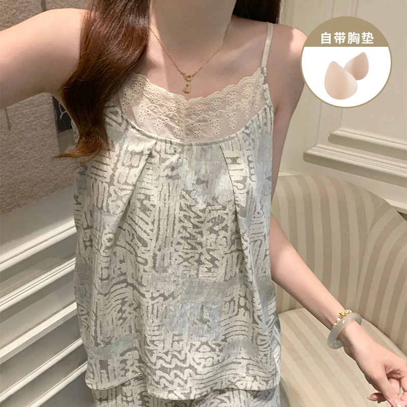 复古风带胸垫吊带睡衣女款夏季爆款云朵棉外穿休闲家居服两件套装