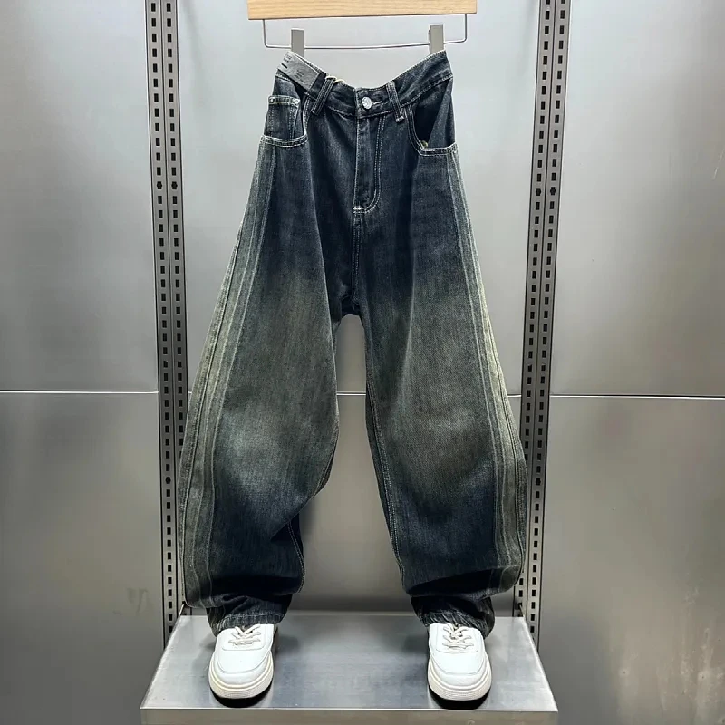 春秋美式复古渐变色牛仔裤宽松直筒做旧重磅阔腿裤水洗条纹拖地裤