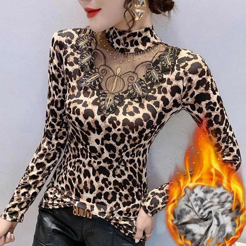 豹纹加厚半高领打底衫女秋冬季加厚蕾丝内搭t恤时尚洋气修身上衣
