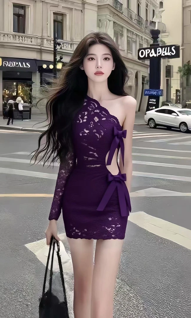 纯欲辣妹风气质名媛女装深紫色斜领镂空设计感修身包臀蕾丝连衣裙
