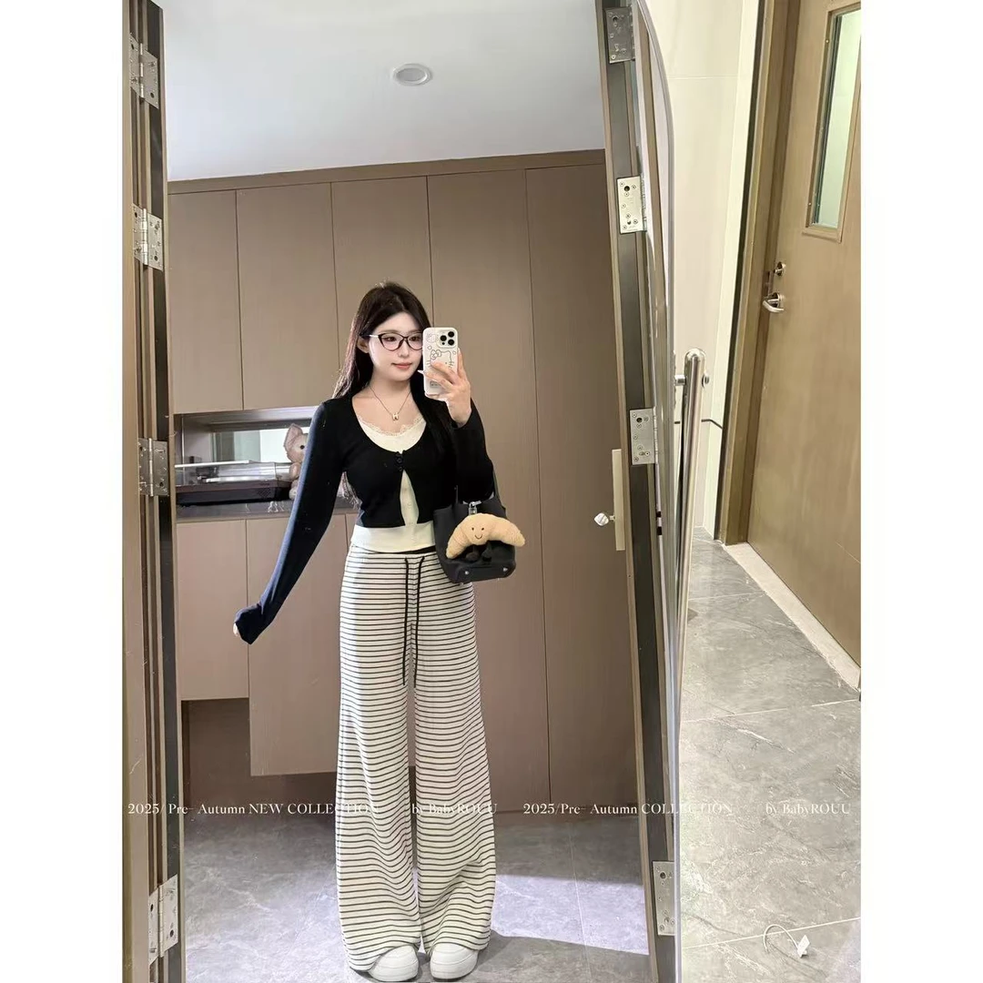 【现货】【百搭周刊】温与柔气质小众显瘦假两件拼接上衣条纹百搭长裤