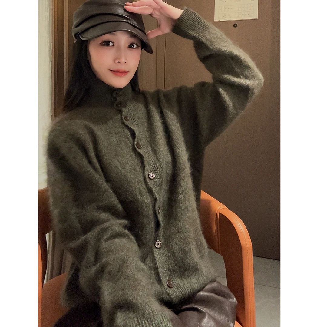 FFAN【绒绒绿棕】羊绒羊毛拉毛花纱小立领开衫