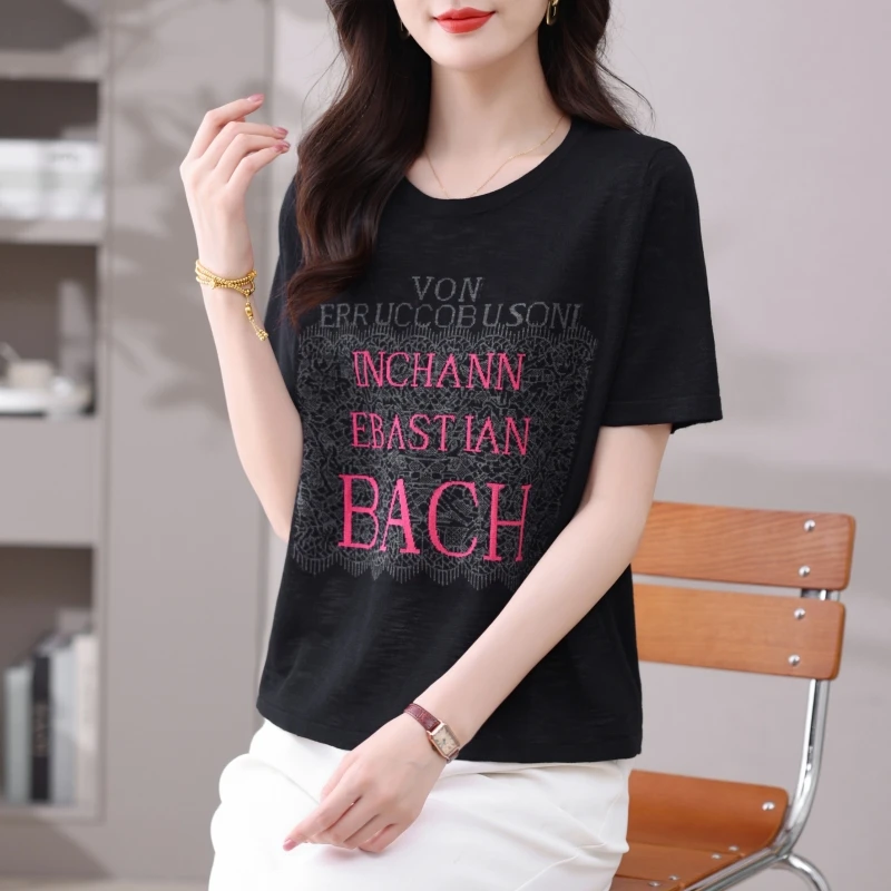 品牌女装夏季2025新款竹节麻短袖T恤女薄款大码宽松针织洋气上衣