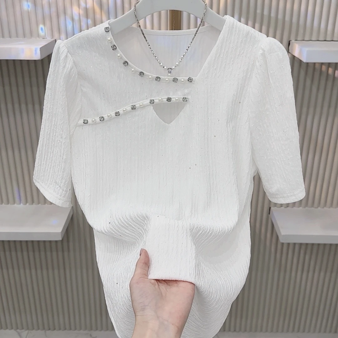 2025春季新款钉珠镂空设计大码宽松时尚百搭上衣短袖T恤