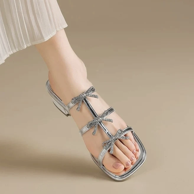 夏季粗跟蝴蝶结一字拖鸽子蛋拖鞋平底沙滩高跟网红77-13