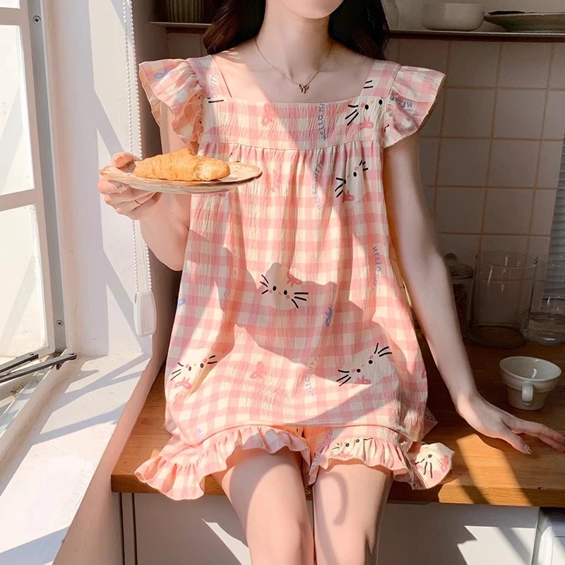 睡衣女夏季薄款云朵棉吊带背心2025新款甜美可爱小飞袖家居服套装