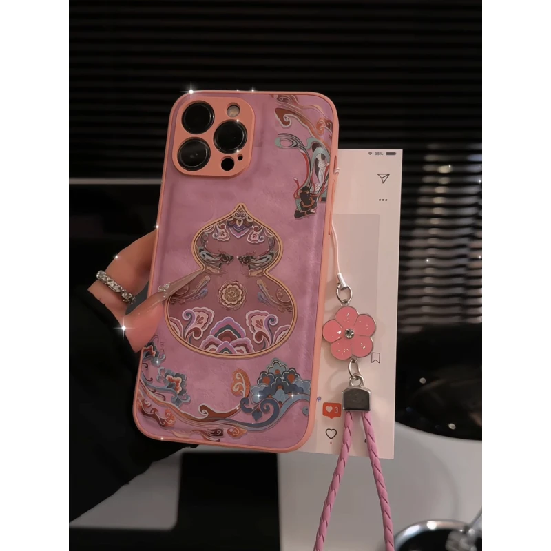 敦煌葫芦灰粉色适用苹果16pro手机壳15pm小众华为p70肤感皮纹小米