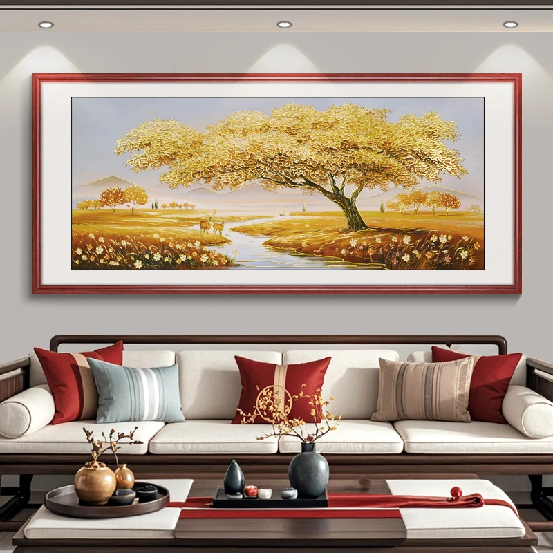 浮雕描金 黄金满树 新中式山水画客厅装饰画沙发背景墙挂画