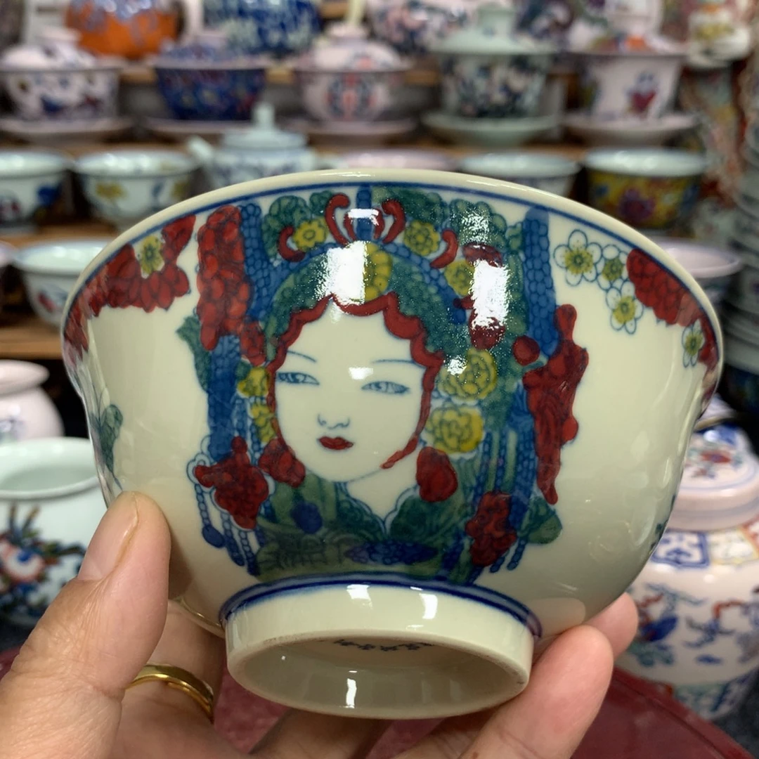 摆件绿稀土青花斗彩多子多福家大业大纹碗 手绘柴窑