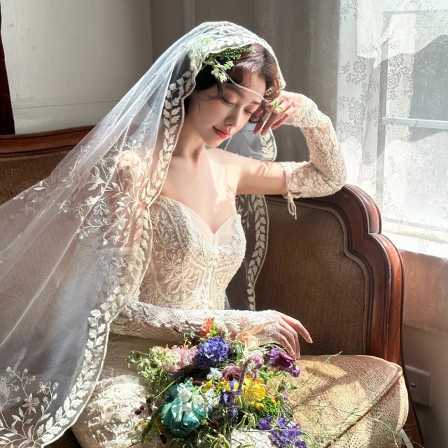 麦穗边复古高级感长款大拖尾头纱超仙森系新娘结婚蕾丝花边头纱