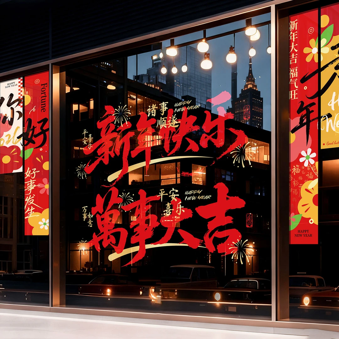 2026马年最新款玻璃贴静电贴橱窗贴福字门贴商场窗花布置装饰用品