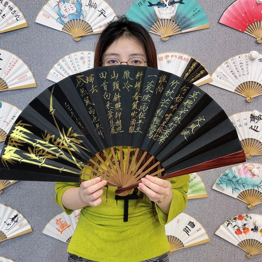 书法10寸红木-纯手绘-文玩扇骨（默认粘好）