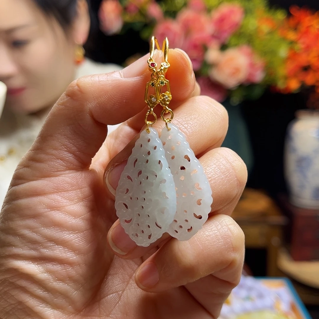 翡翠耳饰银S925镀金镶嵌