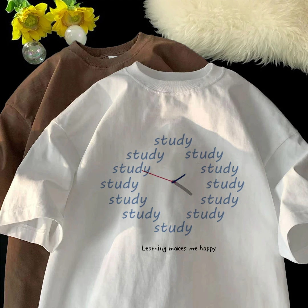 美式复古设计感时间创意印花纯棉短袖t恤男夏季宽松小众百搭半袖