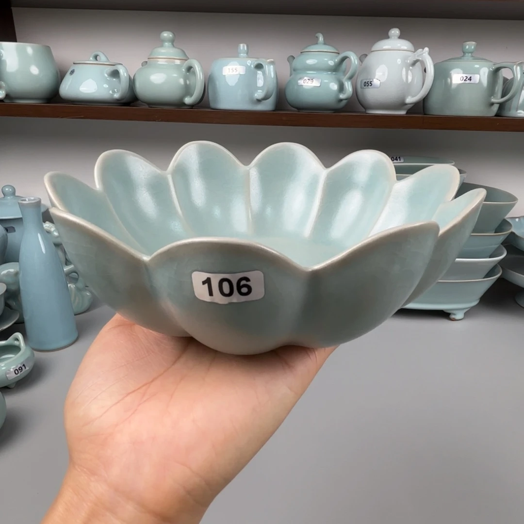陶摆件汝瓷莲瓣盘支钉烧仿古釉福利价106