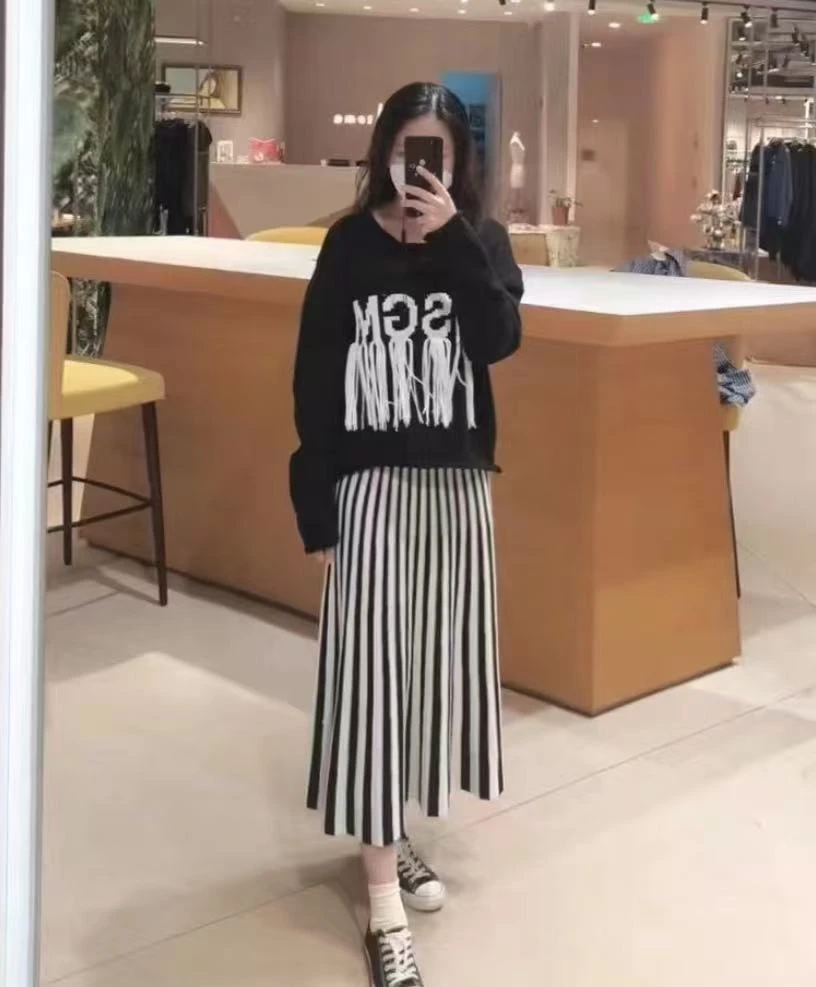 腰66-120长77复古高腰针织条纹半身裙百搭百褶撞色 7957