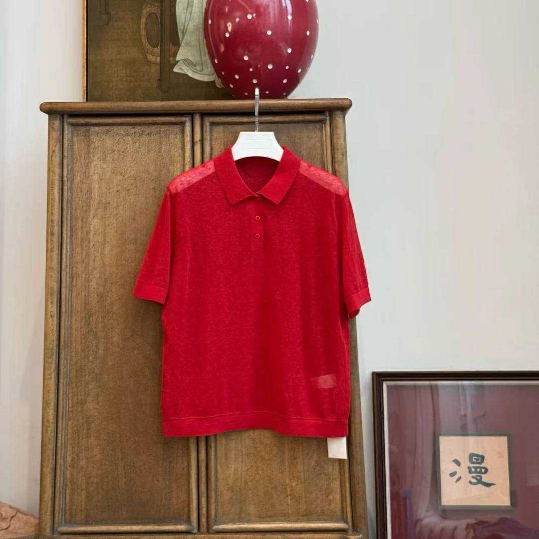 MYL 2025夏季新品棉麻混纺红色POLO衫翻领短袖套头宽松休闲上衣