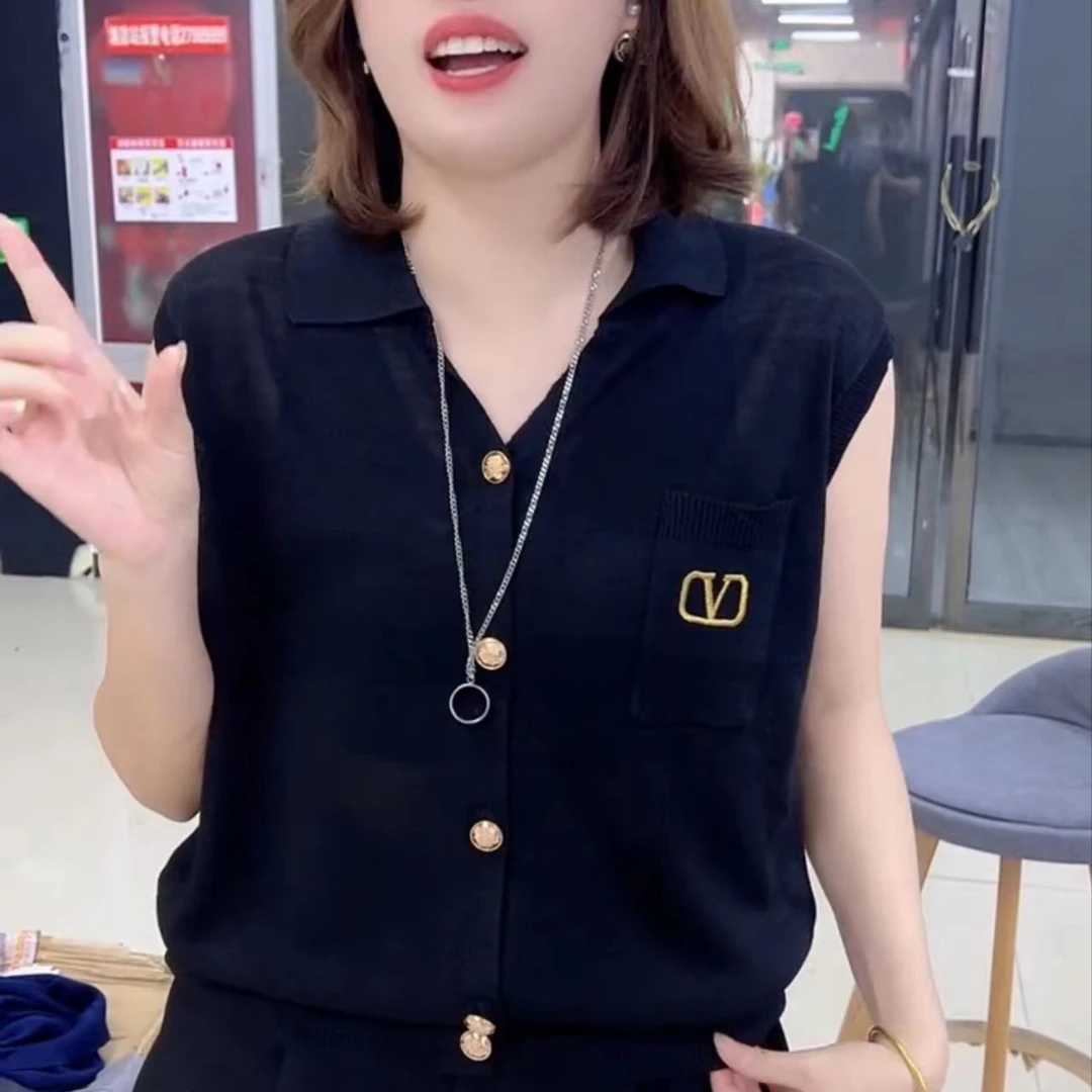 大码新款小香风时尚气质翻领无袖衫5311