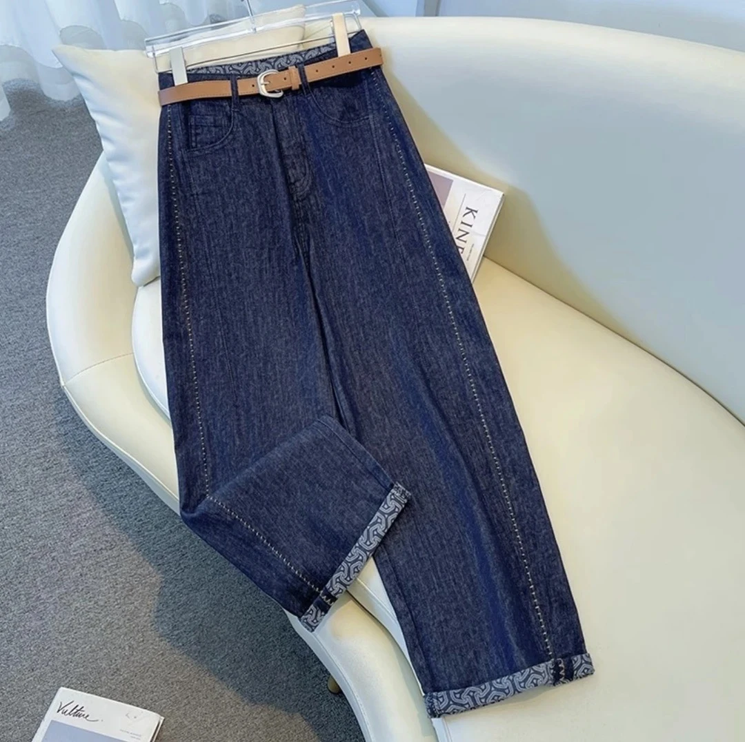 夏季薄款阔腿牛仔裤女2025新款小个子直筒裤子翻边刺绣弯刀裤