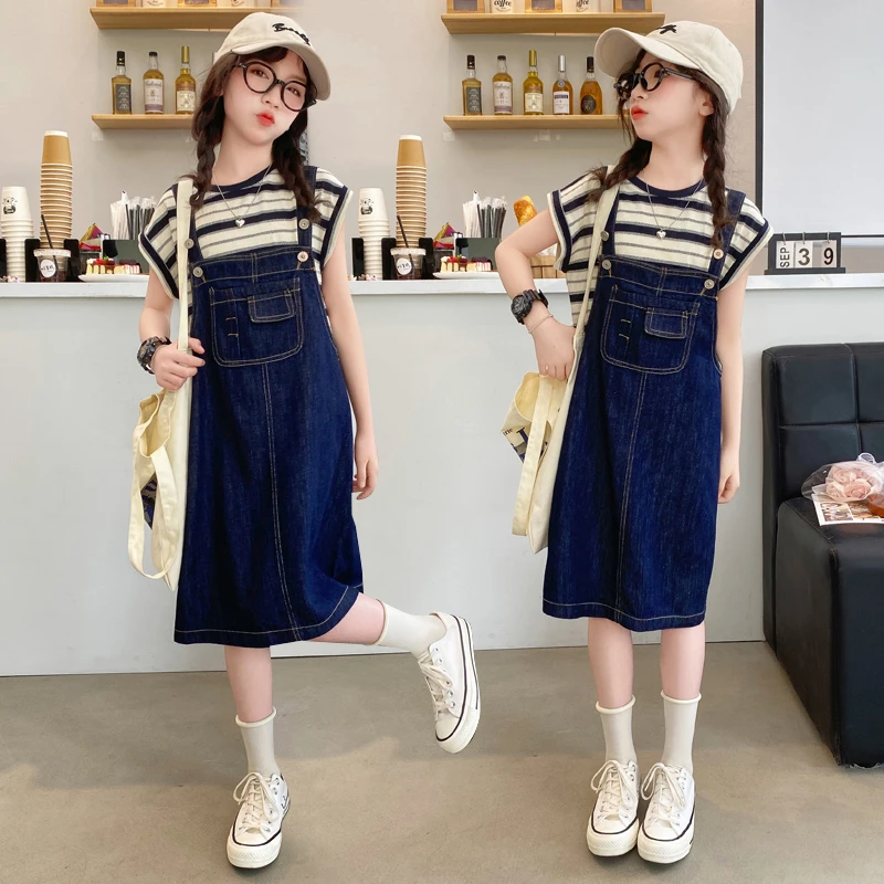 女童夏季牛仔背带裙套装短袖条纹2024夏季新款女孩夏装T恤背心裙t