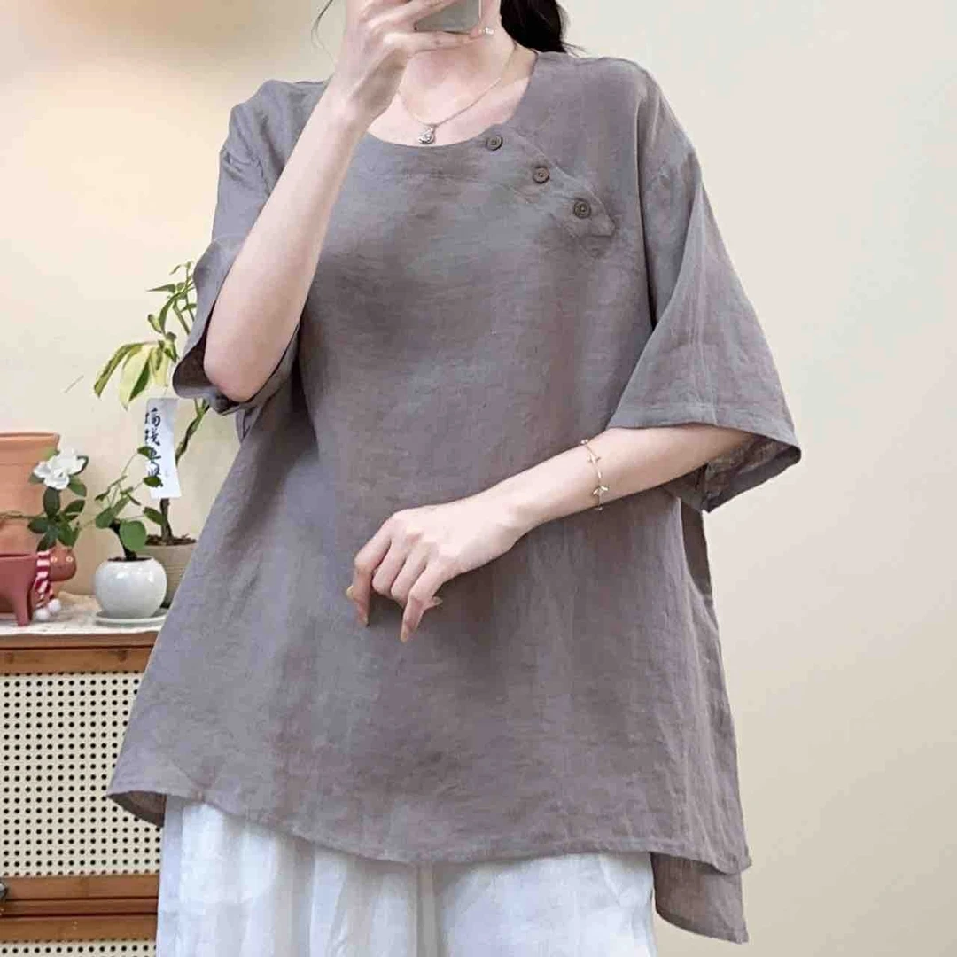 5050稀疏麻侧边扣子百搭上衣(胸围126～前衣长65后衣长71左右)