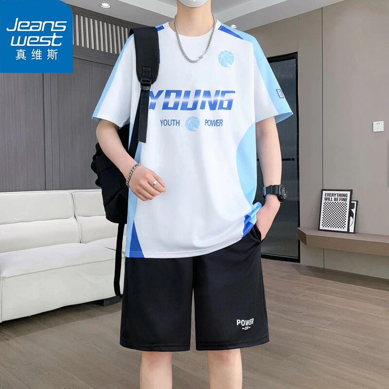 Jeanswest/真维斯休闲运动套装夏季冰丝速干短裤大童学生港风宽松