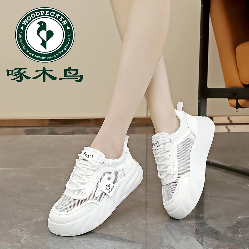 啄木鸟透气网面增高白色女鞋2025年夏季爆款百搭薄款运动休闲鞋子