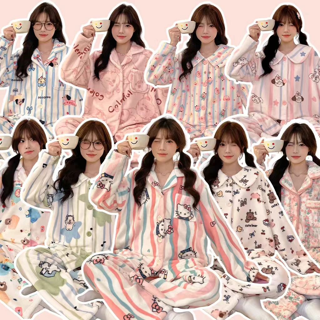 【1号链接】冬季加绒加厚保暖卡通慕斯暖绒女睡衣家居服套装可外穿