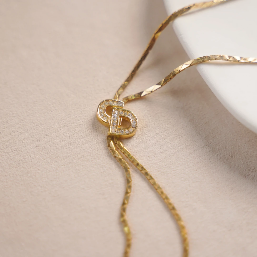 95新 DIOR/迪奥 DIOR时尚百搭满钻字母坠链金色气质项链