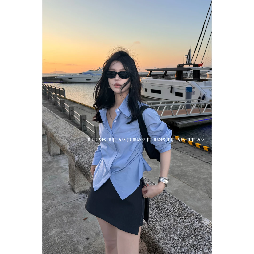 JIUJIU&FS“春日多巴胺”长袖蓝色衬衫女显白设计感小众百搭衬衣