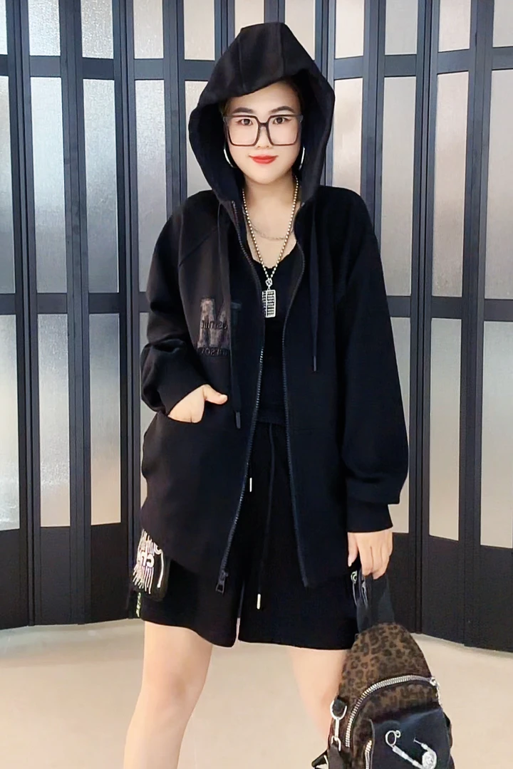 潮牌女装连帽开衫外套大版宽松大码重工刺绣外套