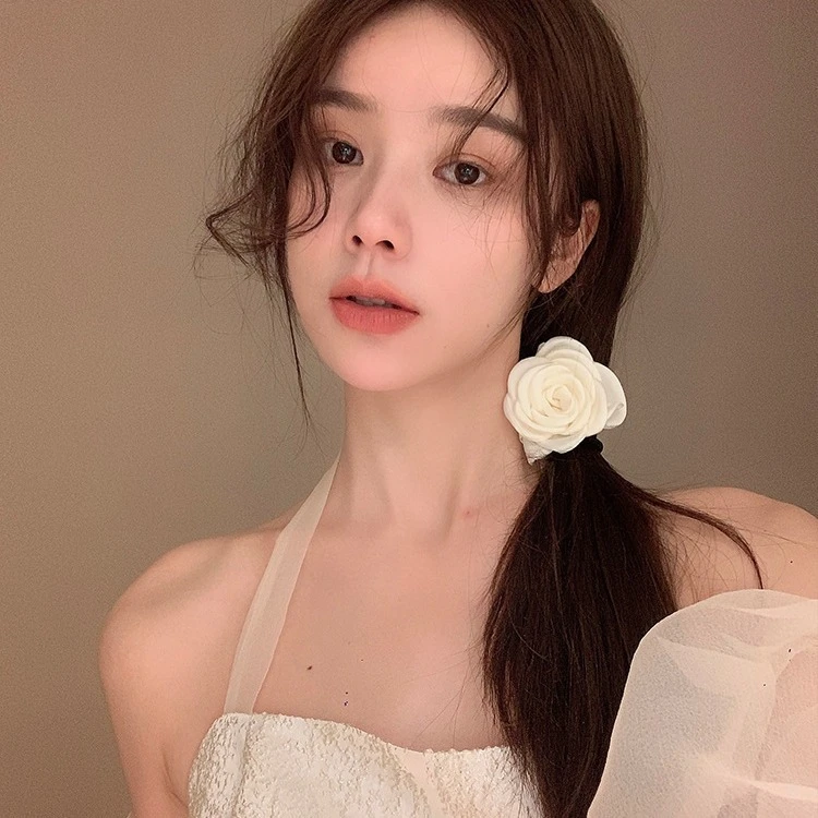 复古小香风头绳女山茶花发绳白色玫瑰气质发圈百搭皮筋头饰发饰