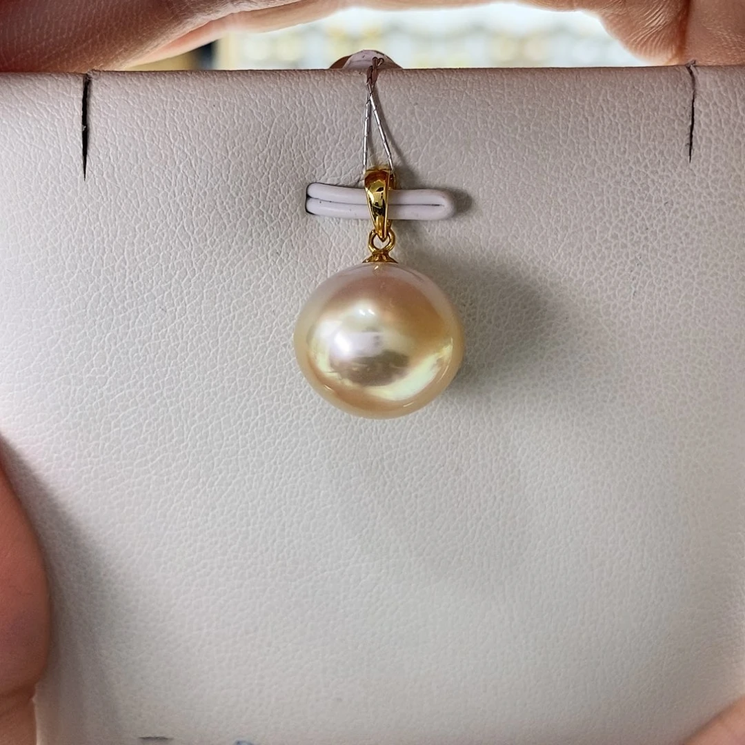 海水珍珠吊坠(不含链)18K金镶嵌干枯金珠13-14mm