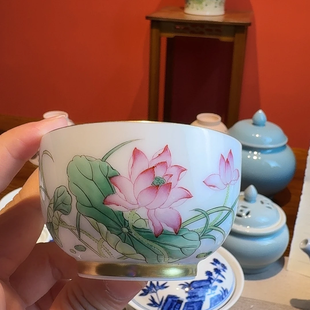 荷花描金手工主人杯