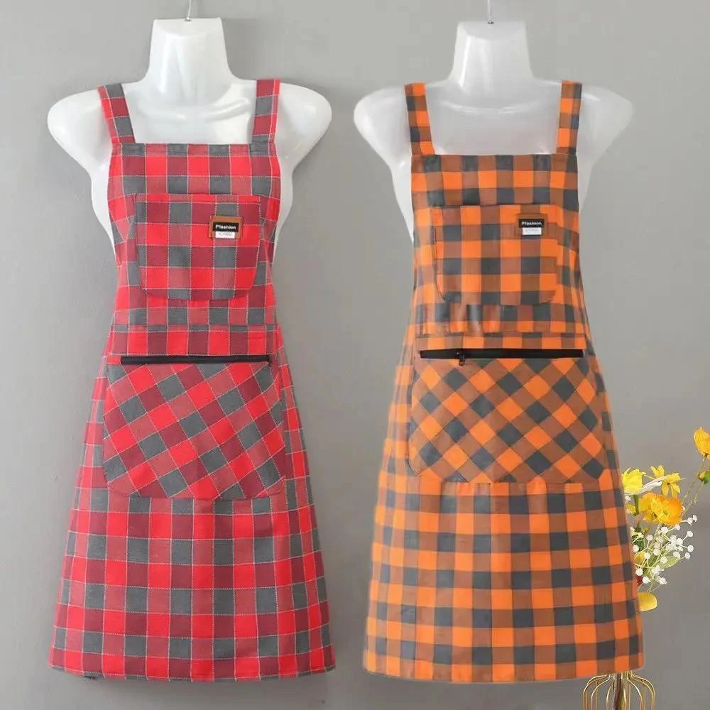 格流时尚双兜棉布围裙厨房做饭拉链口袋透气防油污护衣上班工作服