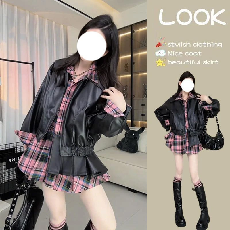 甜酷辣妹假两件拼接皮衣外套连衣裙女2025春季新款设计感短裙女装