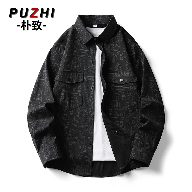2025春季新款美式复古潮流宽松大码休闲男士百搭衬衫外套长袖衬衣