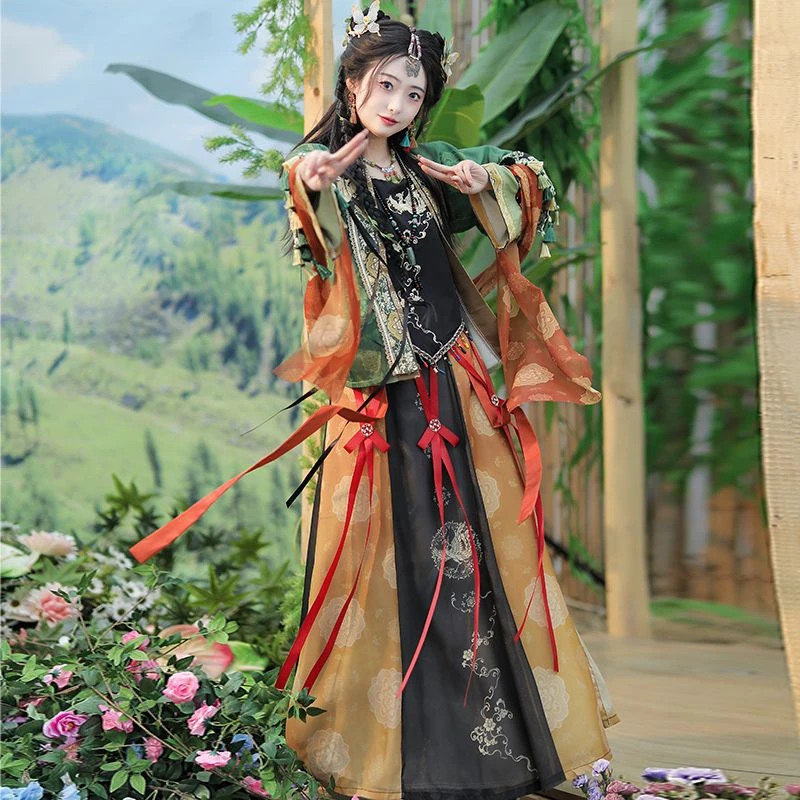 星灵原创【棠叁彩】宋制汉服民族风日常半袖吊带套装春夏款八破裙