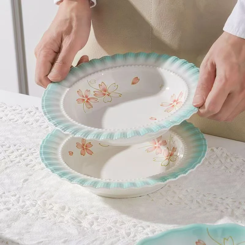 漫舞樱花草帽盘高级感陶瓷盘子家用菜盘釉下彩轻奢深盘餐盘