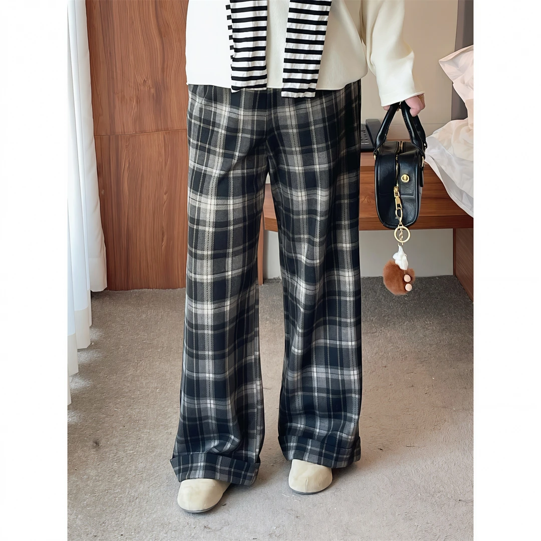 花契"波尔站台"大码女装秋冬百搭200斤胖mm复古格纹休闲裤15946-X