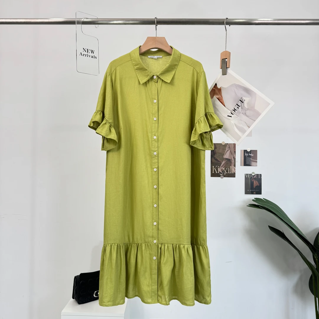B506夏季禅意气质款女装荷叶袖亚麻单排扣连衣裙休闲翻领气质长裙