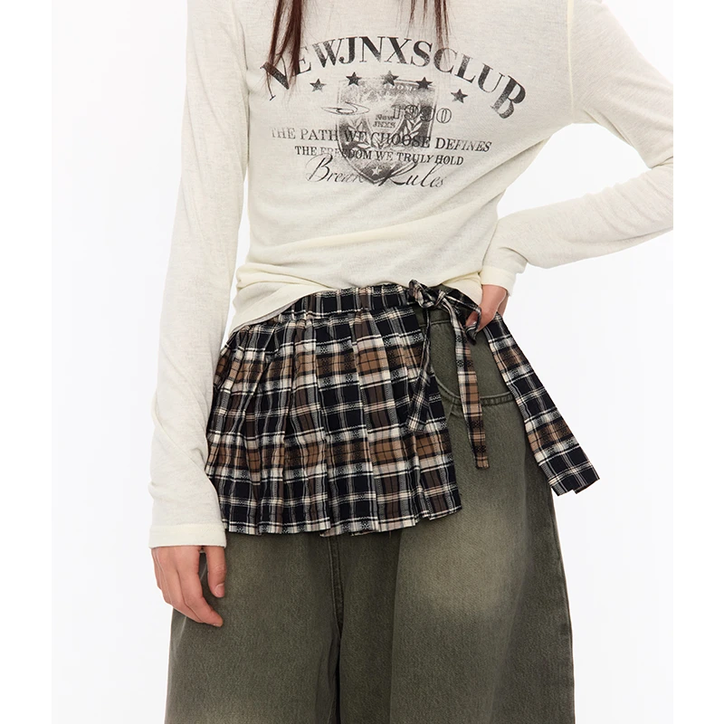 江南先生美式复古压褶格子屁帘春季女新款时尚潮流百搭格纹半身裙