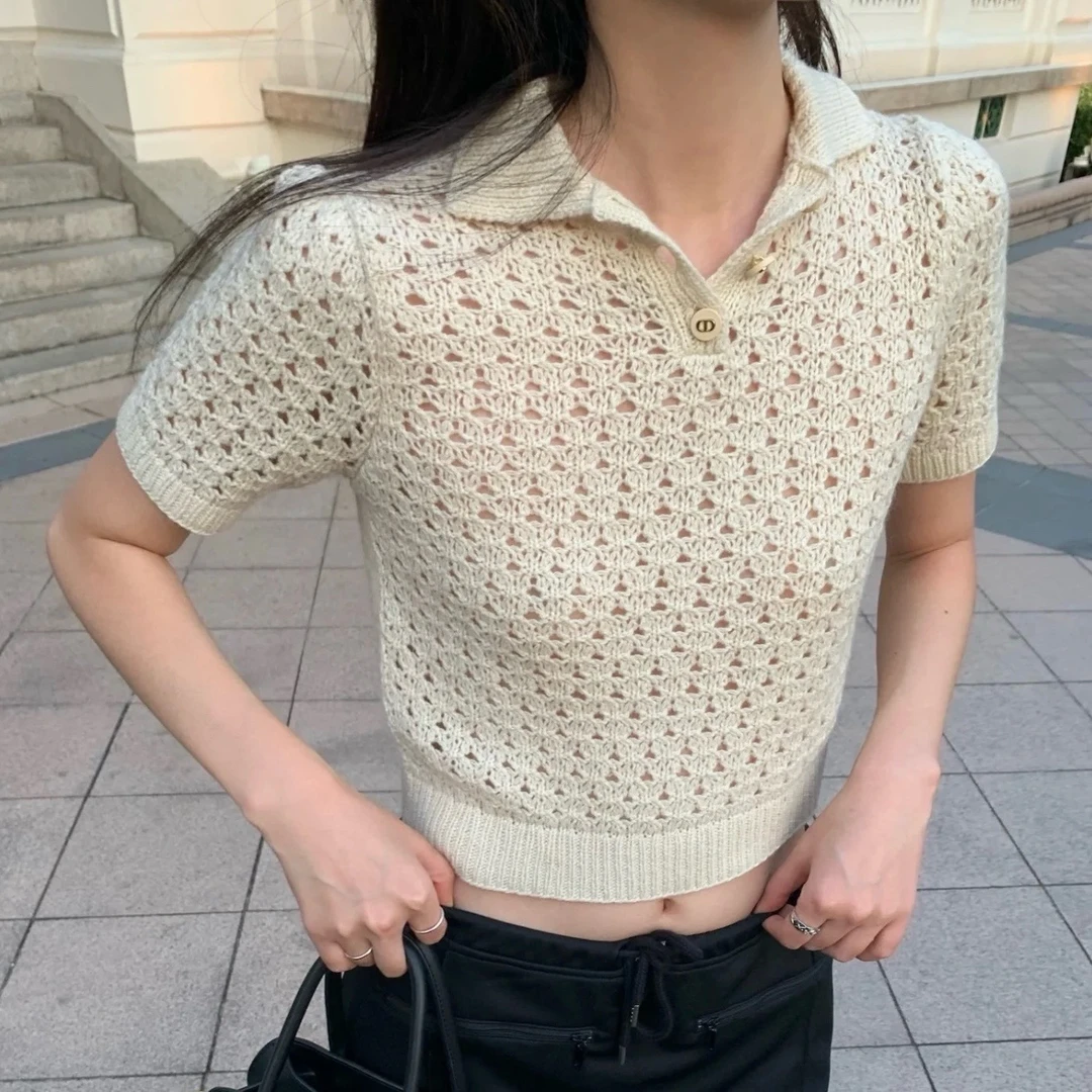 未使用 DIOR/迪奥 A100536/CD扣镂空针织短袖polo衫/38码