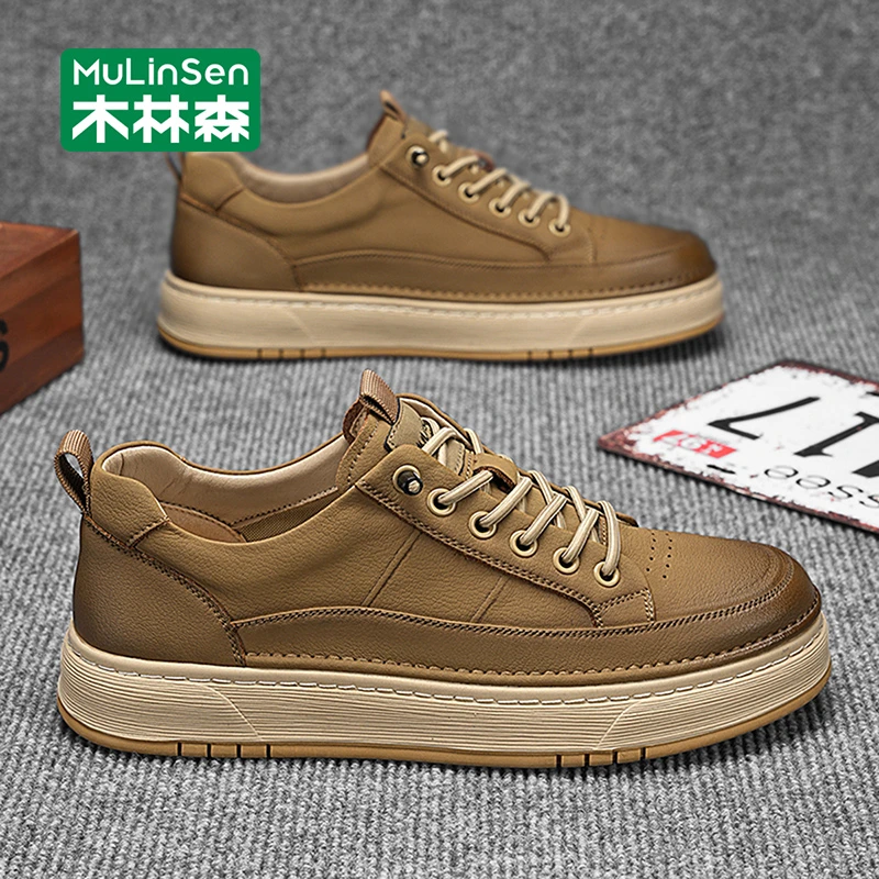 木林森男士板鞋2025秋季新款复古休闲皮面厚底耐磨防滑增高潮鞋